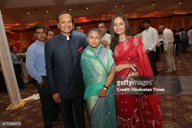 Indian industrialist Naveen Jindal with his wife Shallu Jindal during the wedding reception of INLD MP Dushyant Chautala with Meghna Ahlawat at...