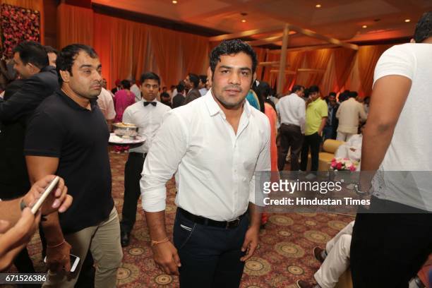 Indian freestyle wrestler Sushil Kumar during the wedding reception of INLD MP Dushyant Chautala with Meghna Ahlawat at Ashoka Hotel, on April 20,...