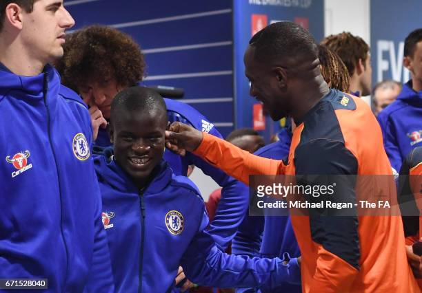 Moussa Sissoko of Tottenham Hotspur and N'Golo Kante of Chelsea share a joke during The Emirates FA Cup Semi-Final between Chelsea and Tottenham...