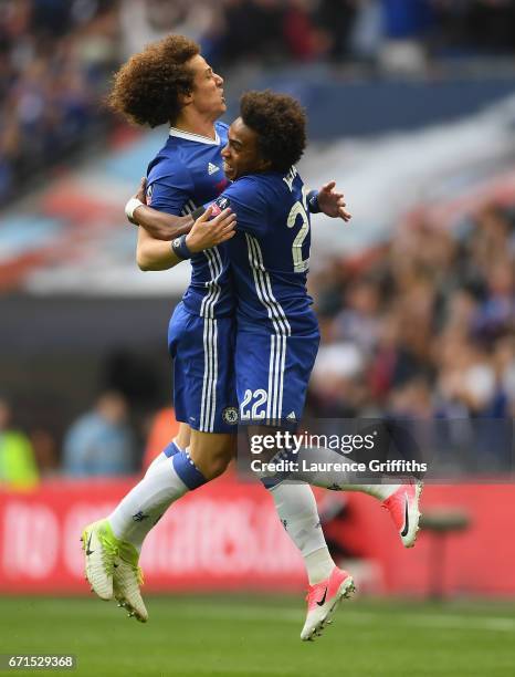 Willian of Chelsea celebrates scoring his sides first goal with David Luiz of Chelsea during The Emirates FA Cup Semi-Final between Chelsea and...