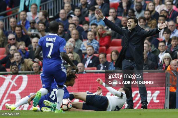 Tottehnam Hotspur coach Mauricio Pochettino gestures on the touchline during the FA Cup semi-final football match between Tottenham Hotspur and...