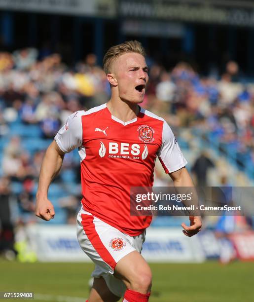 Fleetwood Town's Kyle Dempsey celebrates scoring his sides third goal during the Sky Bet League One match between Gillingham and Fleetwood Town at...