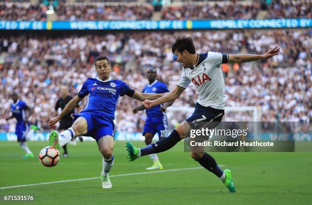 Heung-Min Son of Tottenham Hotspur puts in a cross during The Emirates FA Cup Semi-Final between Chelsea and Tottenham Hotspur at Wembley Stadium on...