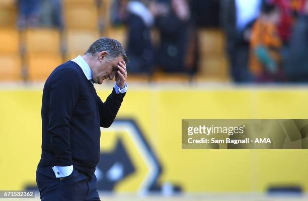 Tony Mowbray manager / head coach of Blackburn Rovers reacts at full time during the Sky Bet Championship match between Wolverhampton Wanderers and...