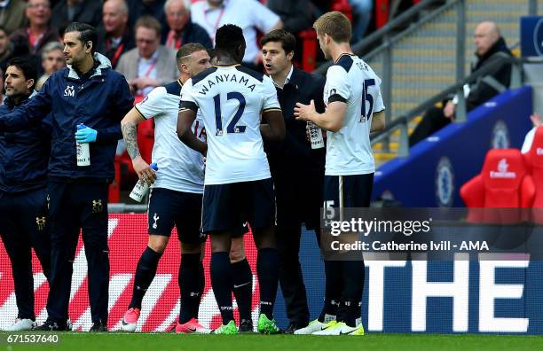 Mauricio Pochettino manager of Tottenham Hotspur gives instructions to his team during The Emirates FA Cup Semi-Final between Chelsea and Tottenham...