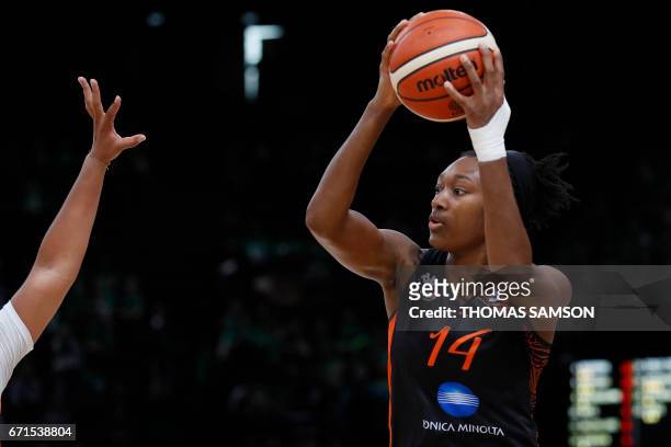 Bourges' Kayla Alexander of Canada holds the ball during the women's French basketball cup ProA final match Bourges vs Charleville-Mezieres , on...