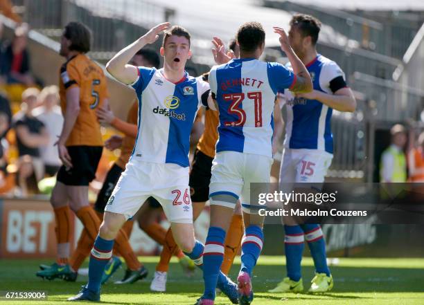 Darragh Lenihan of Blackburn Rovers reacts after missing a headere at goal during the Sky Bet Championship match between Wolverhampton Wanderers and...