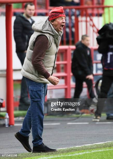 Head Coach Yuri Syomin reacts of FC Lokomotiv Moscow during the Russian Premier League match between FC Lokomotiv Moscow and FC Amkar Perm at...