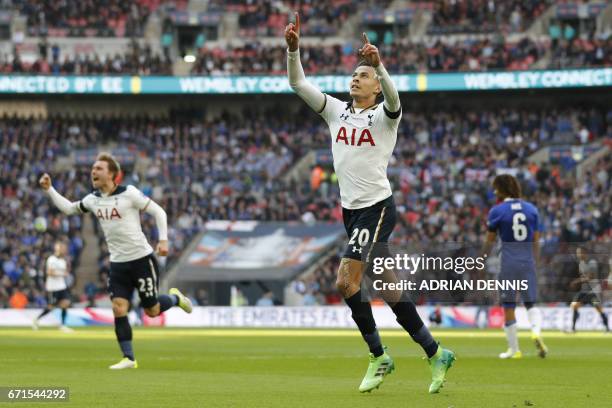 Tottenham Hotspur's English midfielder Dele Alli celebrates scoring the team's second goal during the FA Cup semi-final football match between...