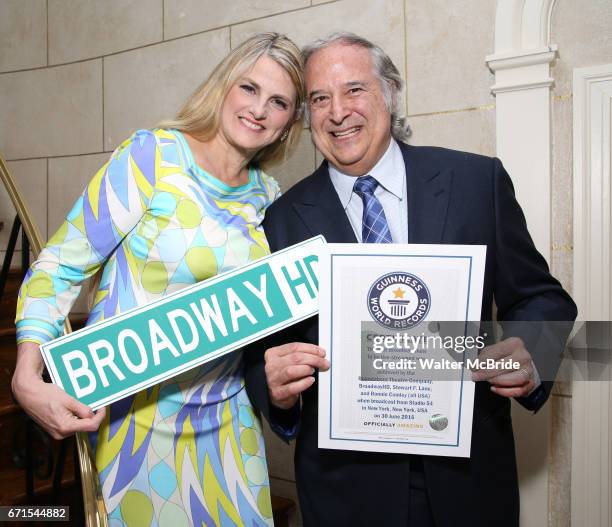 Stewart F. Lane and Bonnie Comley pose with Guinness World Records Certificate Achieved By BroadwayHD for the First Broadway Show, 'She Loves Me', to...