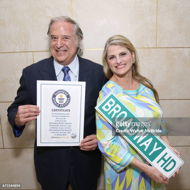 Stewart F. Lane and Bonnie Comley pose with Guinness World Records Certificate Achieved By BroadwayHD for the First Broadway Show, 'She Loves Me', to...