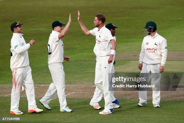 Stuart Broad of Nottinghamshire celebrates the wicket of Adam Barton of Sussex during Day Two of the Specsavers County Championship Division Two...