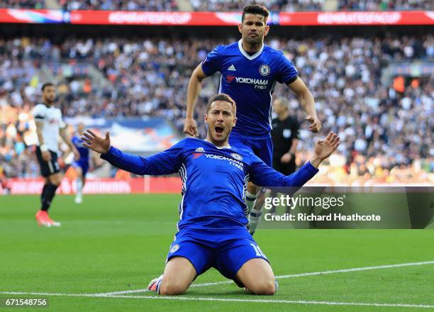 Eden Hazard of Chelsea celebrates scoring his sides third goal with Diego Costa of Chelsea during The Emirates FA Cup Semi-Final between Chelsea and...