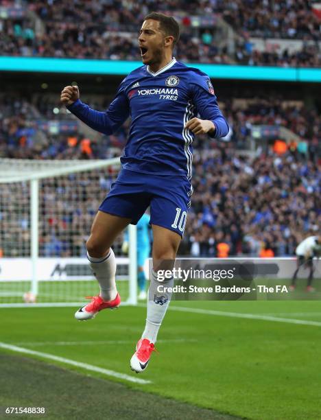 Eden Hazard of Chelsea celebrates after he scores his sides third goal during The Emirates FA Cup Semi-Final between Chelsea and Tottenham Hotspur at...