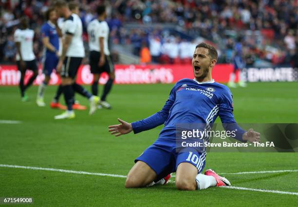 Eden Hazard of Chelsea celebrates scoring his sides third goal during The Emirates FA Cup Semi-Final between Chelsea and Tottenham Hotspur at Wembley...