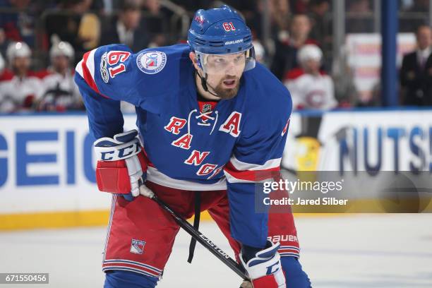 Rick Nash of the New York Rangers looks on against the Montreal Canadiens in Game Four of the Eastern Conference First Round during the 2017 NHL...