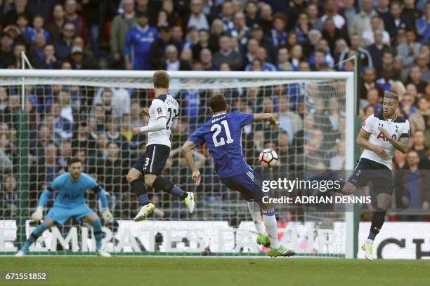 Chelsea's Serbian midfielder Nemanja Matic scores Chelsea's fourth goal during the FA Cup semi-final football match between Tottenham Hotspur and...