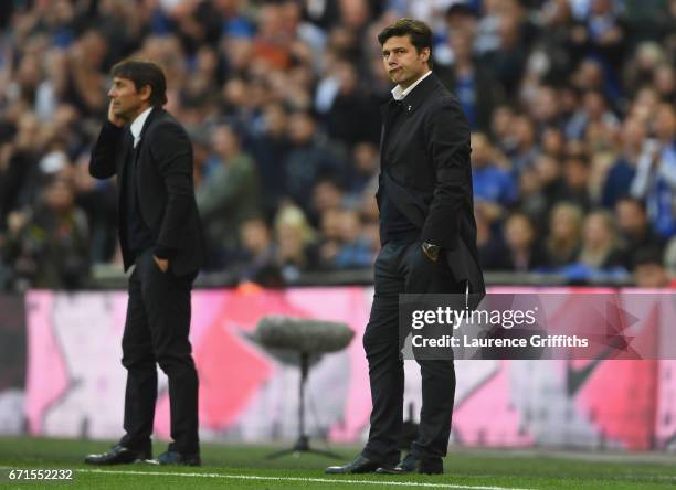 Mauricio Pochettino, Manager of Tottenham Hotspur reacts during The Emirates FA Cup Semi-Final between Chelsea and Tottenham Hotspur at Wembley...