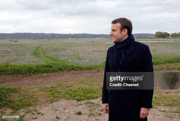 Head of the political movement En Marche! and candidate for the 2017 presidential election, Emmanuel Macron poses for the photograph on April 22,...