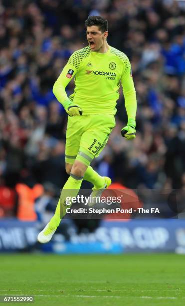 Thibaut Courtois of Chelsea celebrates during The Emirates FA Cup Semi-Final between Chelsea and Tottenham Hotspur at Wembley Stadium on April 22,...