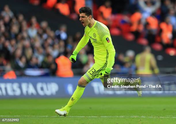 Thibaut Courtois of Chelsea celebrates during The Emirates FA Cup Semi-Final between Chelsea and Tottenham Hotspur at Wembley Stadium on April 22,...