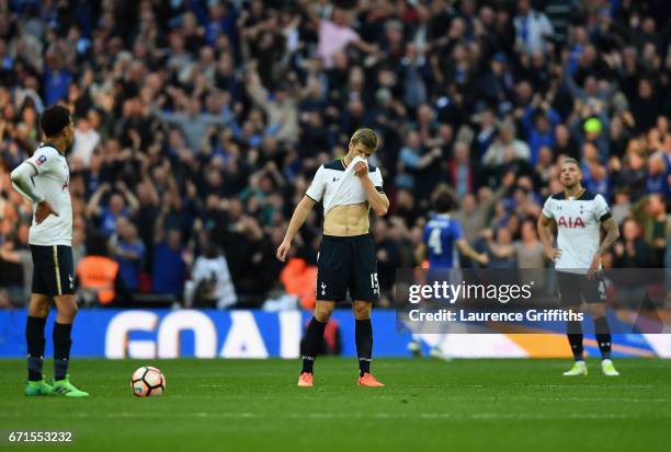 Eric Dier of Tottenham Hotspur looks dejected during The Emirates FA Cup Semi-Final between Chelsea and Tottenham Hotspur at Wembley Stadium on April...