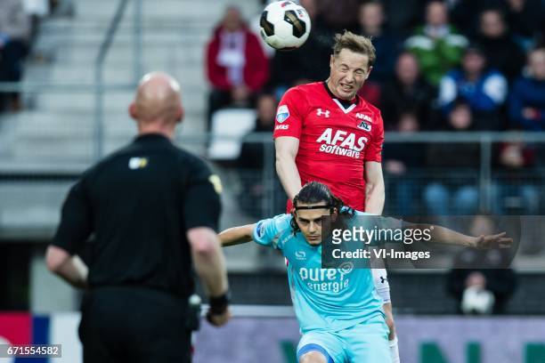 Rens van Eijden of AZ, Enes Unal of FC Twenteduring the Dutch Eredivisie match between AZ Alkmaar and FC Twente at AFAS stadium on April 22, 2017 in...