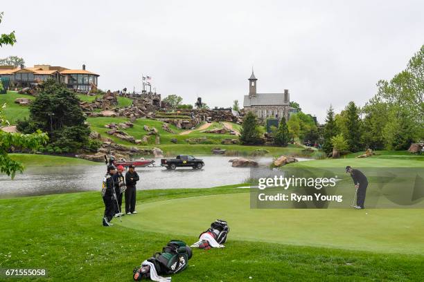 Lee Janzen putts on the fourth hole during the first round of the PGA TOUR Champions Bass Pro Shops Legends of Golf at Big Cedar Lodge at Top of the...