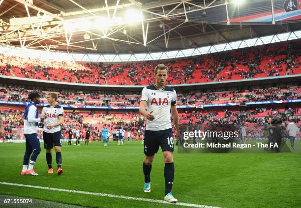 Harry Kane of Tottenham Hotspur leaves the pitch dejected during The Emirates FA Cup Semi-Final between Chelsea and Tottenham Hotspur at Wembley...