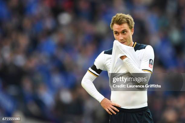 Christian Eriksen of Tottenham Hotspur looks dejected during The Emirates FA Cup Semi-Final between Chelsea and Tottenham Hotspur at Wembley Stadium...