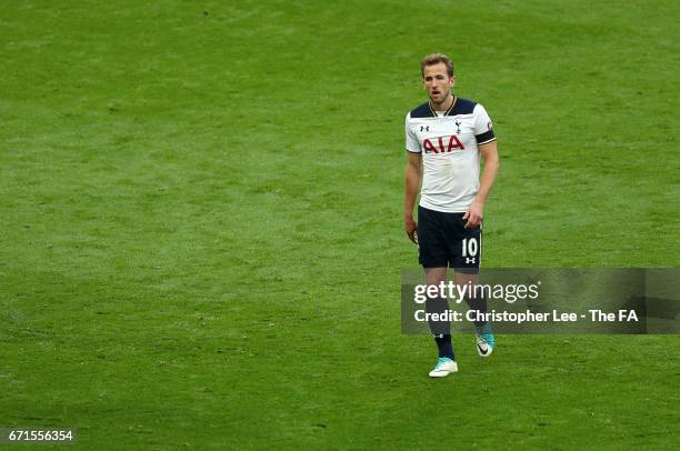 Harry Kane of Tottenham Hotspur walks off dejected after The Emirates FA Cup Semi-Final between Chelsea and Tottenham Hotspur at Wembley Stadium on...