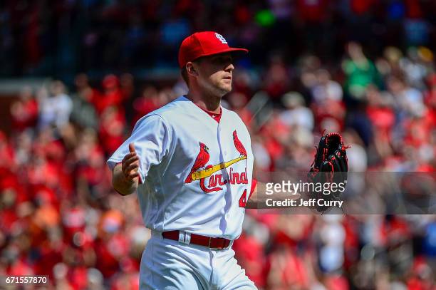 Trevor Rosenthal of the St. Louis Cardinals celebrates after the Cardinals defeated the Pittsburgh Pirates at Busch Stadium on April 19, 2017 in St...
