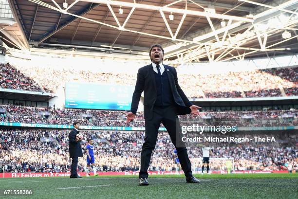 Antonio Conte, Manager of Chelsea encourages the fans during The Emirates FA Cup Semi-Final between Chelsea and Tottenham Hotspur at Wembley Stadium...