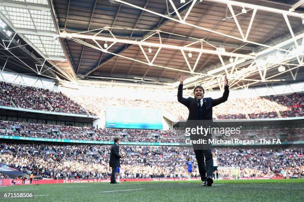 Antonio Conte, Manager of Chelsea encourages the fans during The Emirates FA Cup Semi-Final between Chelsea and Tottenham Hotspur at Wembley Stadium...