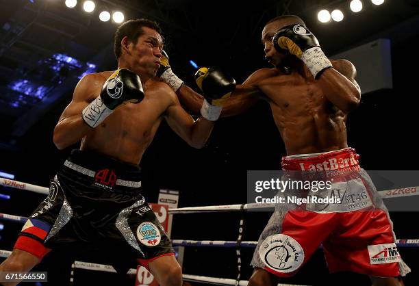 Zolani Tete in action against Arthur Villanueva in a final eliminator for the WBO World Bantamweight Championship at the Leicester Arena on April 22,...