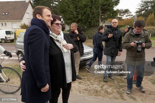 Candidate for the 2017 presidential election, Emmanuel Macron and head of the political movement En Marche! during a campaign visit to meet voters on...