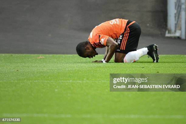 Lorient's Ghanaian forward Abdul Waris celebrates after scoring during the French L1 football match between Lorient and Metz on April 22, 2017 at the...