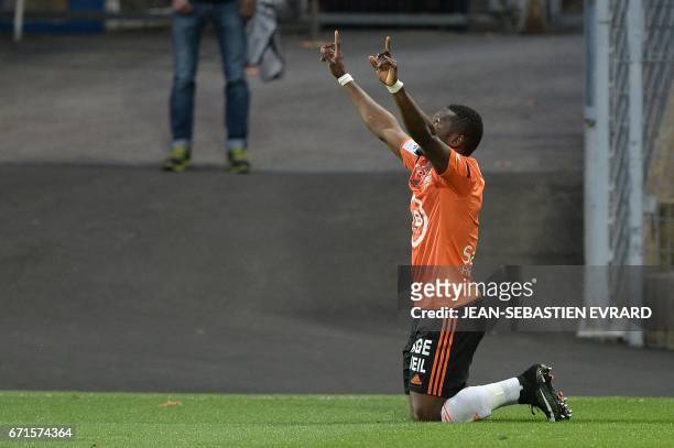 Lorient's Ghanaian forward Abdul Waris celebrates after scoring during the French L1 football match between Lorient and Metz on April 22, 2017 at the...