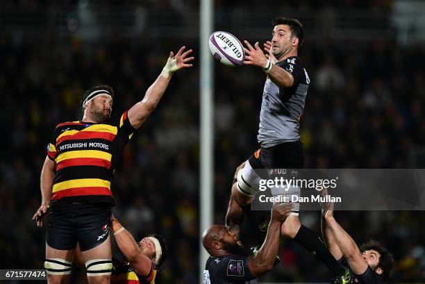 Jeremy Thrush of Gloucester competes at the lineout against Romain Sazy of La Rochelle during the European Rugby Challenge Cup Semi Final match...