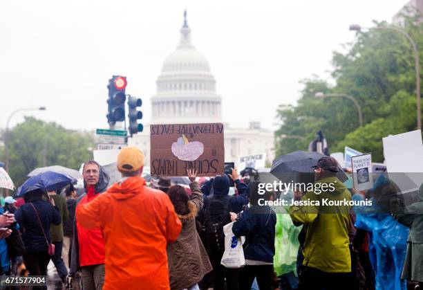 Scientists and supporters participate in a March for Science on April 22, 2017 in Washington, DC. The event is being described as a call to support...