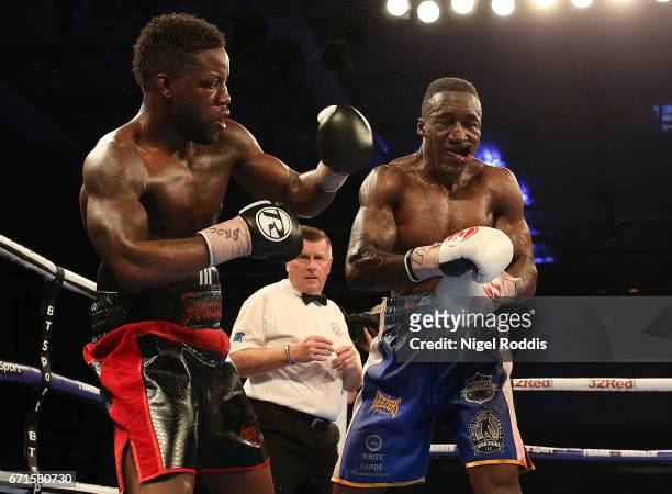 Jahmaine Smyle in action against Darryll Williams in the English Super-Middleweight Championship fiight at the Leicester Arena on April 22, 2017 in...