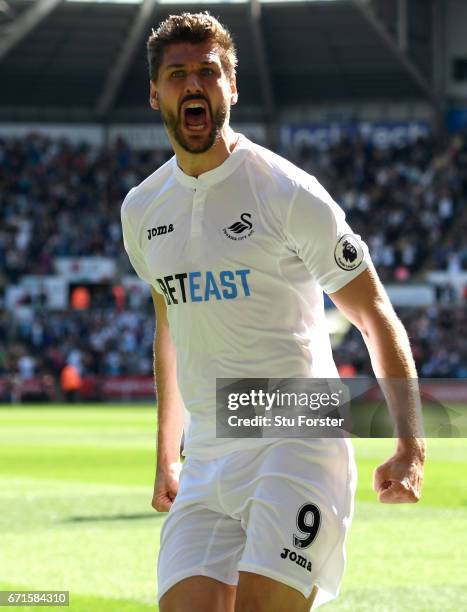 Swansea striker Fernando Llorente celebrates scoring the first goal during the Premier League match between Swansea City and Stoke City at Liberty...