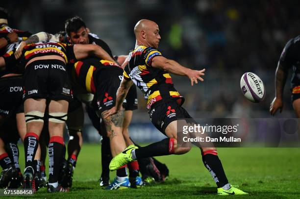 Willi Heinz of Gloucester puts in a box kick during the European Rugby Challenge Cup Semi Final match between La Rochelle and Gloucester Rugby at the...