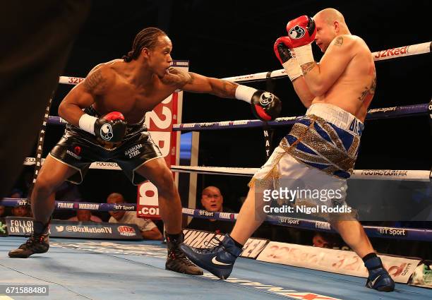 Anthony Yarde in action with Darren Snow in their Light Heavyweight fight at the Leicester Arena on April 22, 2017 in Leicester, England.