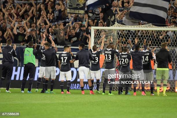 Bordeaux's players celebrate at the end of the French L1 football match between Bordeaux and Bastia on April 22, 2017 at the Matmut Atlantique...