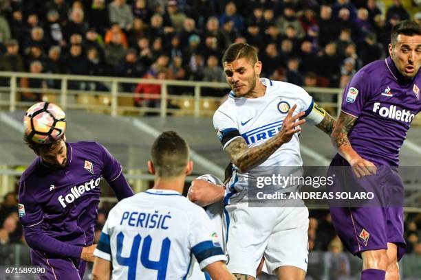 Fiorentina's defender from Italy Davide Astori scores during the Italian Serie A football match Fiorentina vs Inter Milan, on April 22, 2017 at...