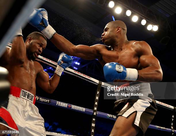 Daniel Dubois in action with Blaise Mendouo in their Heavyweight fight at the Leicester Arena on April 22, 2017 in Leicester, England.