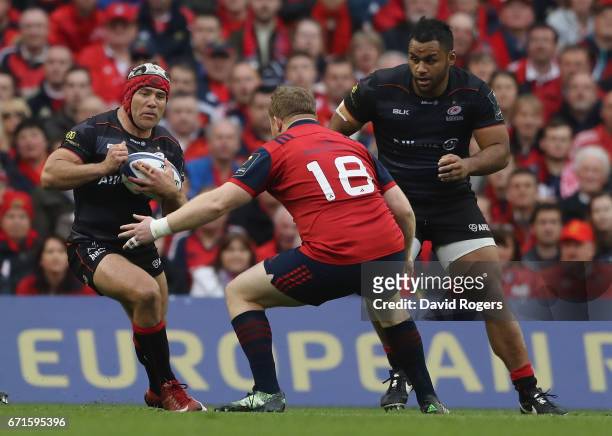 Schallk Brits of Saracens runs with the ball during the European Rugby Champions Cup semi final match between Munster and Saracens at the Aviva...