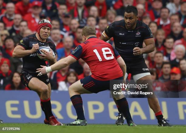 Schallk Brits of Saracens runs with the ball during the European Rugby Champions Cup semi final match between Munster and Saracens at the Aviva...