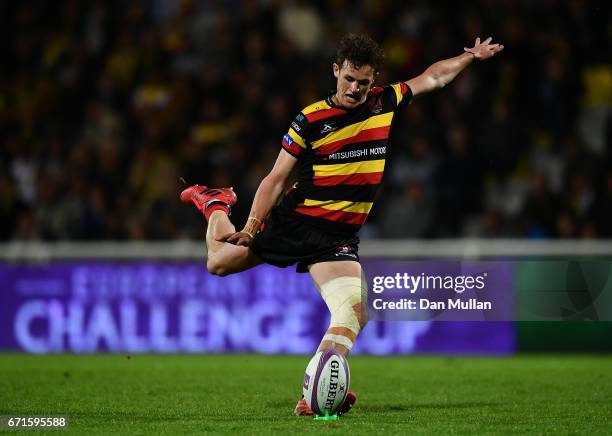 Billy Burns of Gloucester converts his own try during the European Rugby Challenge Cup Semi Final match between La Rochelle and Gloucester Rugby at...